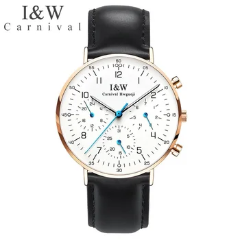

Karneval IW männer Multifunktions Nacht Licht Uhr Quarzuhr Wasserdicht Ultra-dünnen Stahl Uhr Kalender Casual Leder Uhr