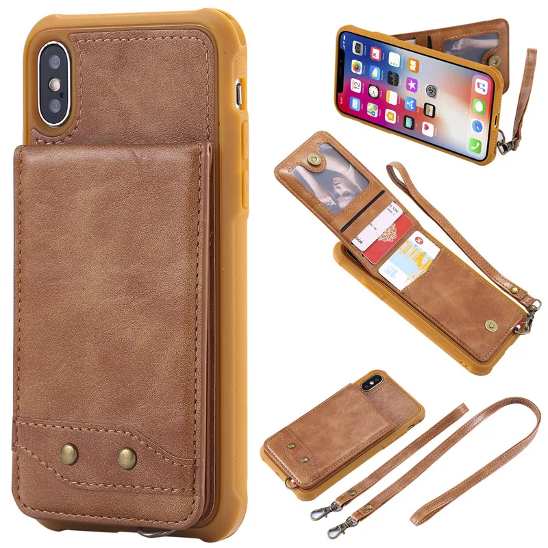 

Luxury PU Leather Phone Case Shockproof Wallet Card Holder Case Cover with Long Short Straps for Apple iPhone 6 6S 7 8 Plus X