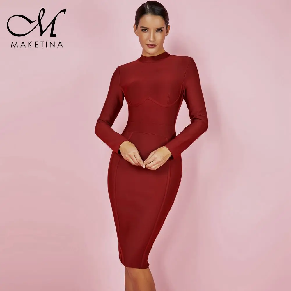 

Maketina Vestido Bandage Dress 2019 Fashion Wine Long Sleeve Bandage Dress Sexy Women Bodycon Winter Knee Length Bandage Dress