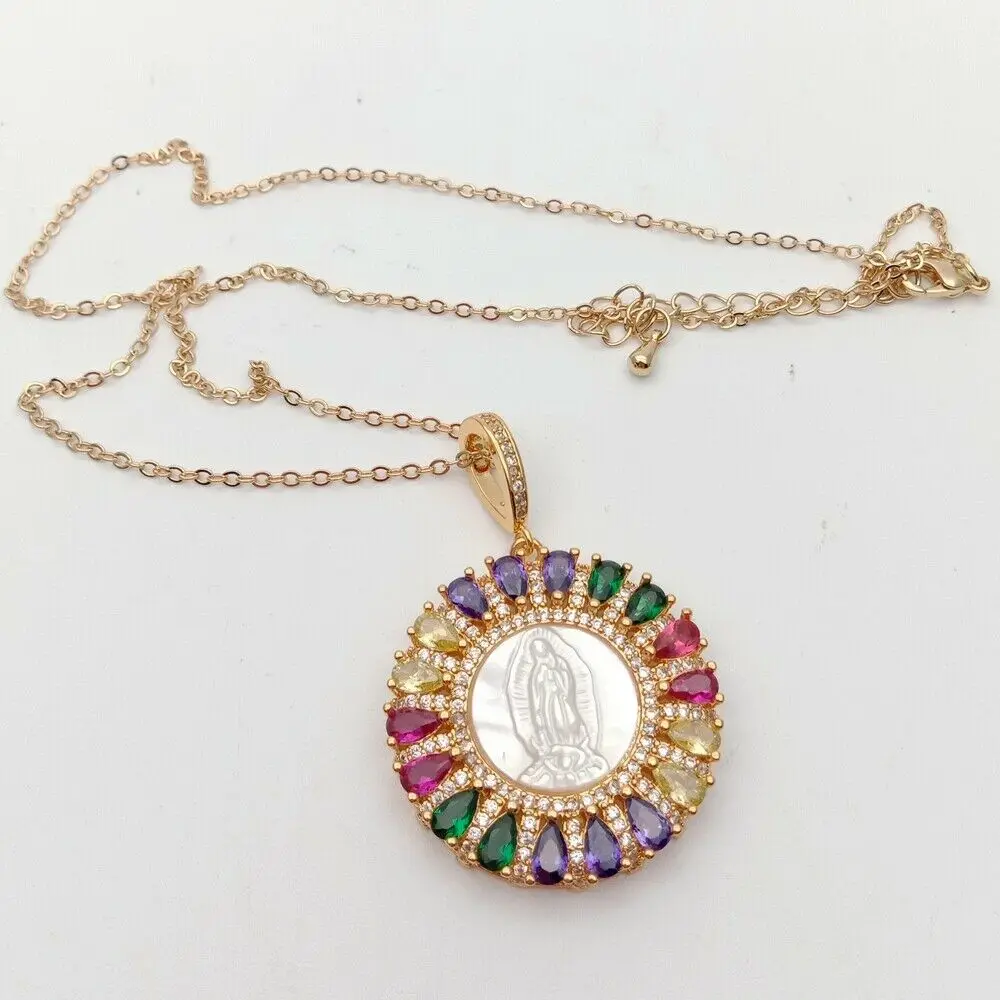 

White Shell Virgin Mary Rainbow CZ Micro Pave coin Pendant necklace