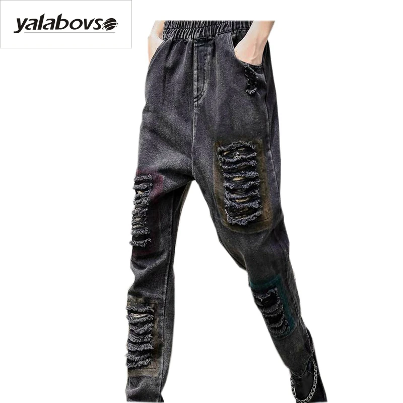 

Yalabovso 2017 Autumn Hole Patchwork Denim Cotton Trousers Spliced Cross-Pants for woman Cool Elastic waist Jeans A031385 Z20