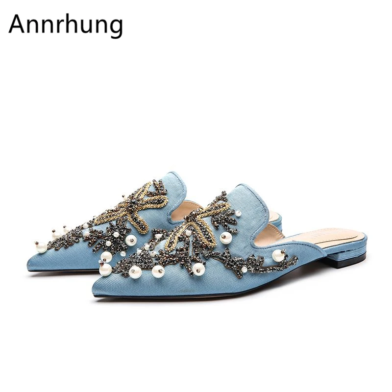

New Chic String Bead Seastar Slippers Women Concise Pointed Toe Slingback Mules Rhinestone Pearl Decor Flat Slides For Women