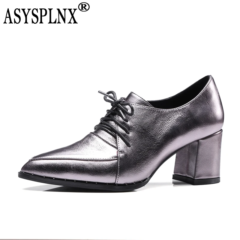 

ASYSPLNX Brand2018spring Autuman Fashioncow Leather Boots Ankle Lace-up Pointed-toe High-heel Work-safety Women's Shoes A079