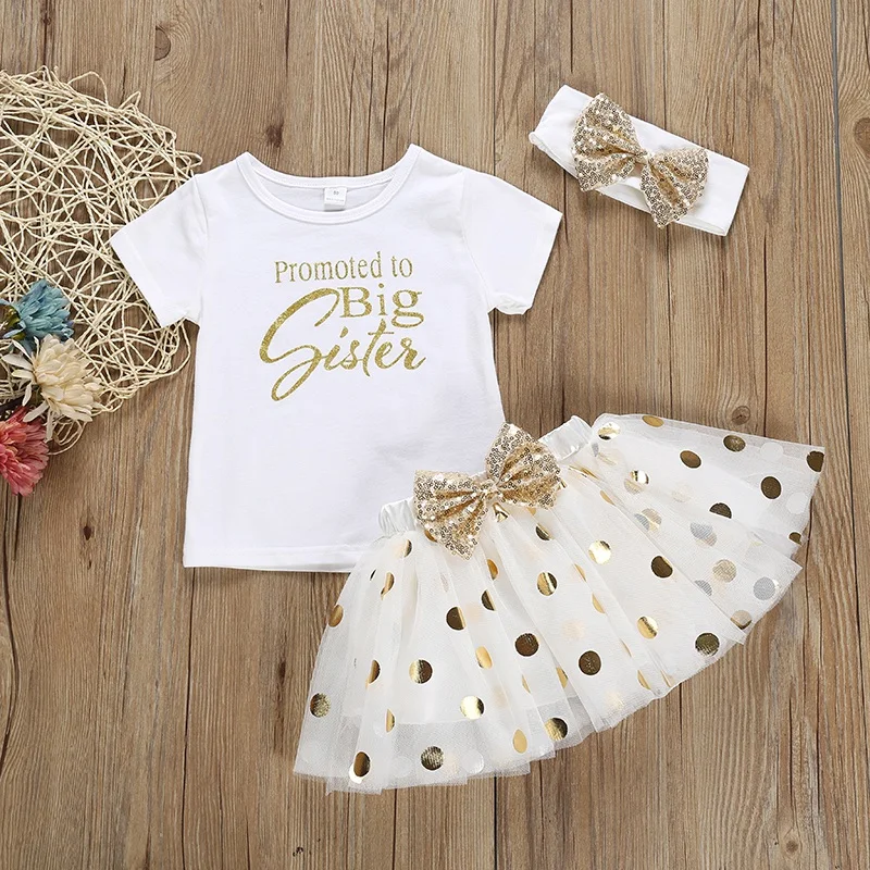 

Summer Kids Baby Girl Short Sleeve Sets Letter Print T-shirt Blouse+Skirts With Bowknot+Headband Casual Outfits Set 1