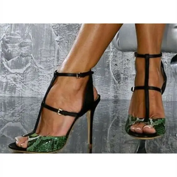 Moraima Snc Womens Sexy Peep Toe T-Strap High Heels Sandals Ladies Summer Club Party Shoes Snakeskin Patchwork Thin | Обувь