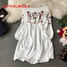 ALPHALMODA, новинка, милое женское платье с цветочной вышивкой, с вырезом лодочкой, с длинным рукавом, с высокой талией, женское повседневное весеннее платье