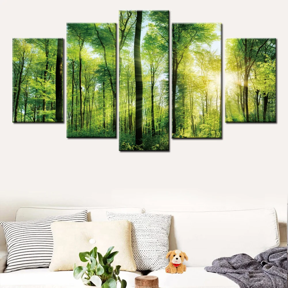 5-panel-canvas-painting-sunlight-green-tree-forest-landscape-poster-modular-picture-wall-art-bedroom-living