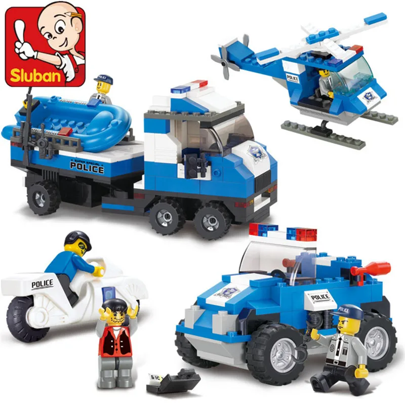 

Sluban 403Pcs SWAT Jeep Motorcycle Helicopter Boat 3D Construction Plastic Model Building Blocks Bricks Toys for children