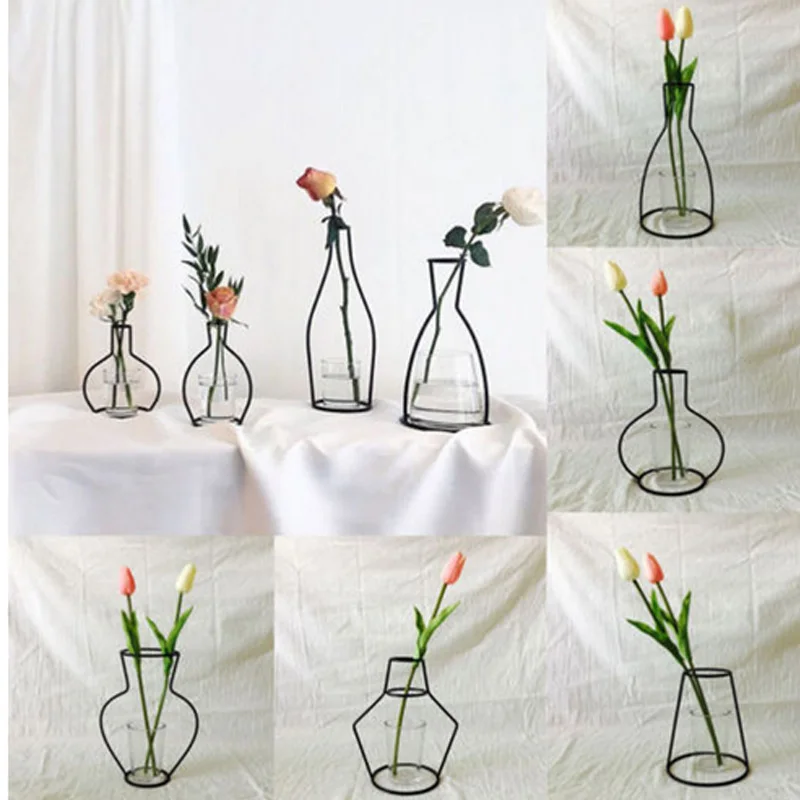 

New Style Home Party Decoration Retro Iron Line Flowers Vase Metal Plant Holder Modern Solid Home Decor Nordic Styles Iron Vase