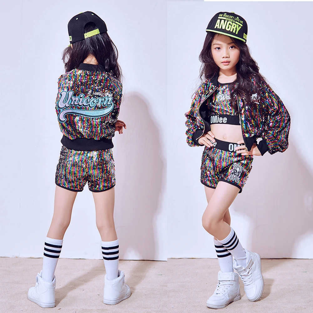 

Girls Sequined Ballroom Modern Jazz Dance wear Costumes Kid Performance Hip Hop DS Party Show Dancing Clothing set Outfits