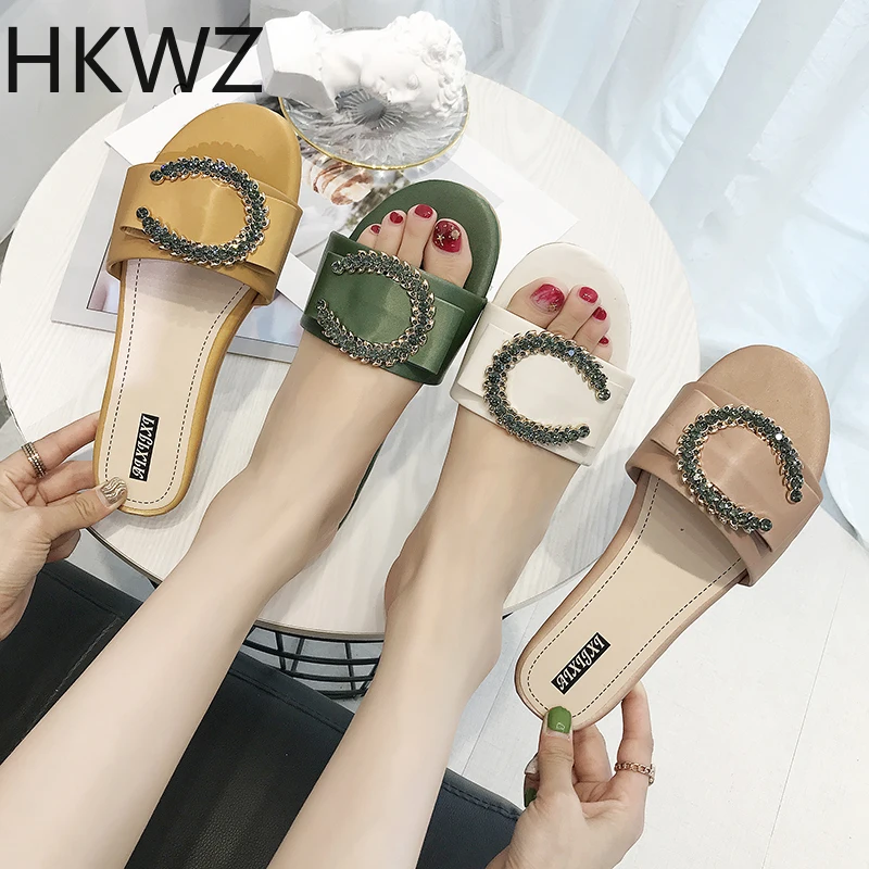 

2019 summer brand new fashion slippers satin wild non-slip low heel rhinestone word flip flop sandals size 35-40 womens shoes