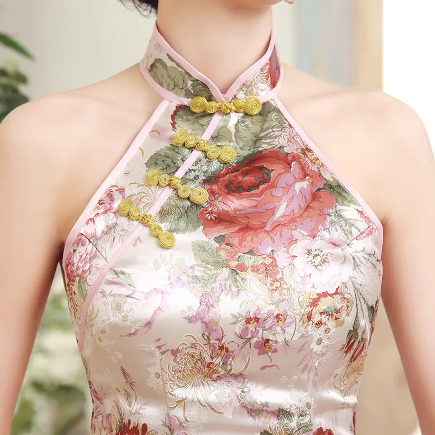 Белое китайское традиционное женское платье Cheongsam шелковое атласное сексуальное облегающее без рукавов короткое Цветочное платье с открытой спиной и открытыми плечами Qipao