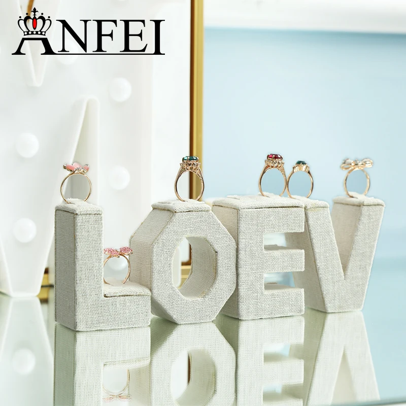 

ANFEI LOVE Display Stylish Beige Linen Jewelry Display Set MDF Wedding Ring Holder Stand For Boutique Displays Exhibitor GD028