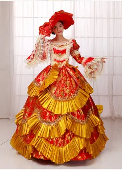 

100%real red golden ruffled ball gown with hat Medieval Renaissance Gown queen costume Victorian Marie Antoinette/ Belle ball