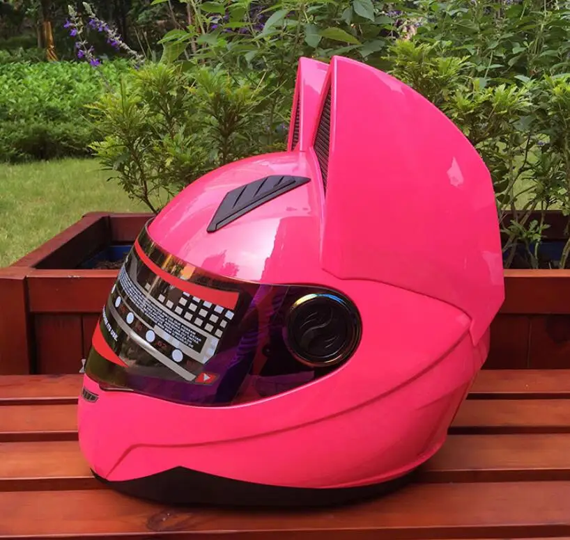 Cat ears motorcycle helmet men s personality cool full face helmet locomotive anti-fog ladies cat ears pink helmet fast ship