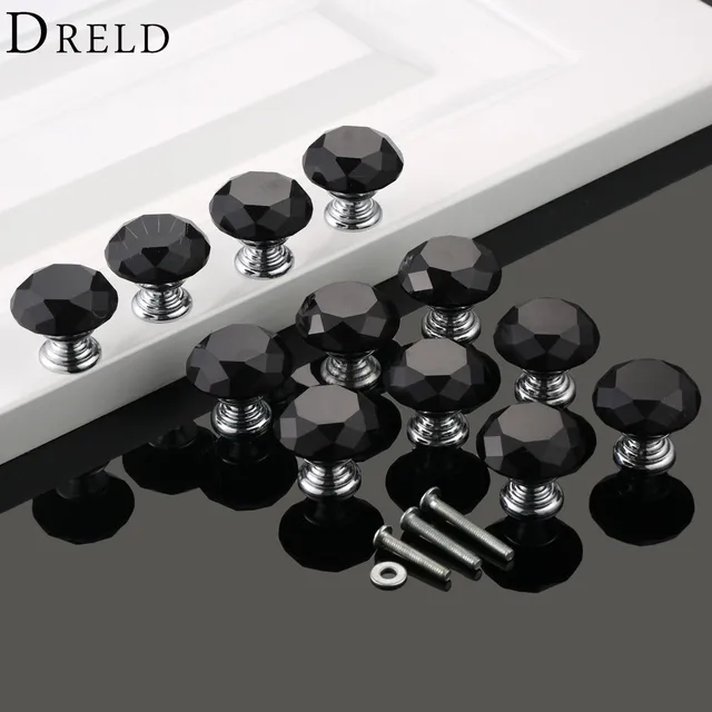 DRELD 12Pcs Black Crystal Knobs and Handles Cupboard Closet Drawer Knobs Pulls Diamond