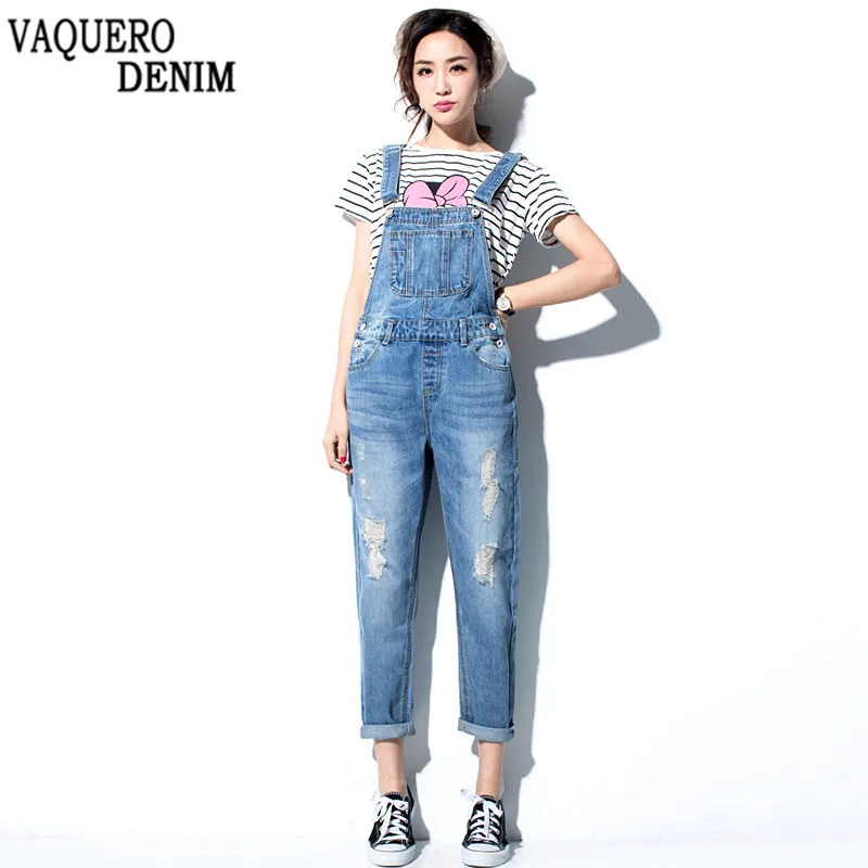 2016 Rompers Womens Jumpsuit Denim Overalls Casual Ripped