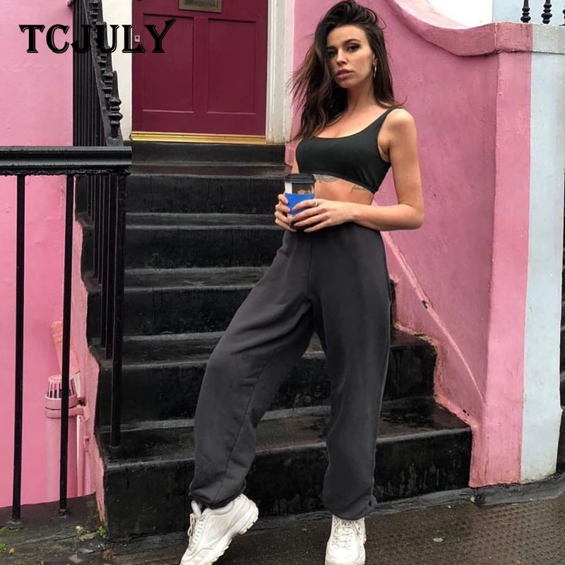 

TCJULY New Thicken Warm Pants For Women Solid Knitted Loose Casual Joggers Winter Trousers Elastic Waist Streetwear Sweatpants