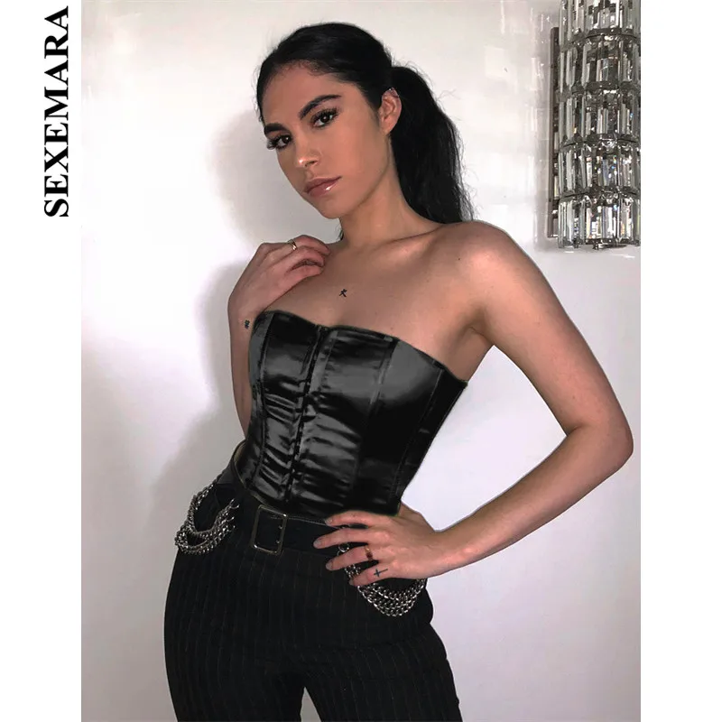 black satin strapless top