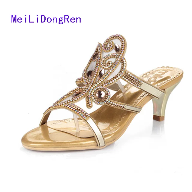 2017 New Diamond Slippers Luxury Butterfly Diamond Slides Fashion Opne Toe High Heel Sandals 