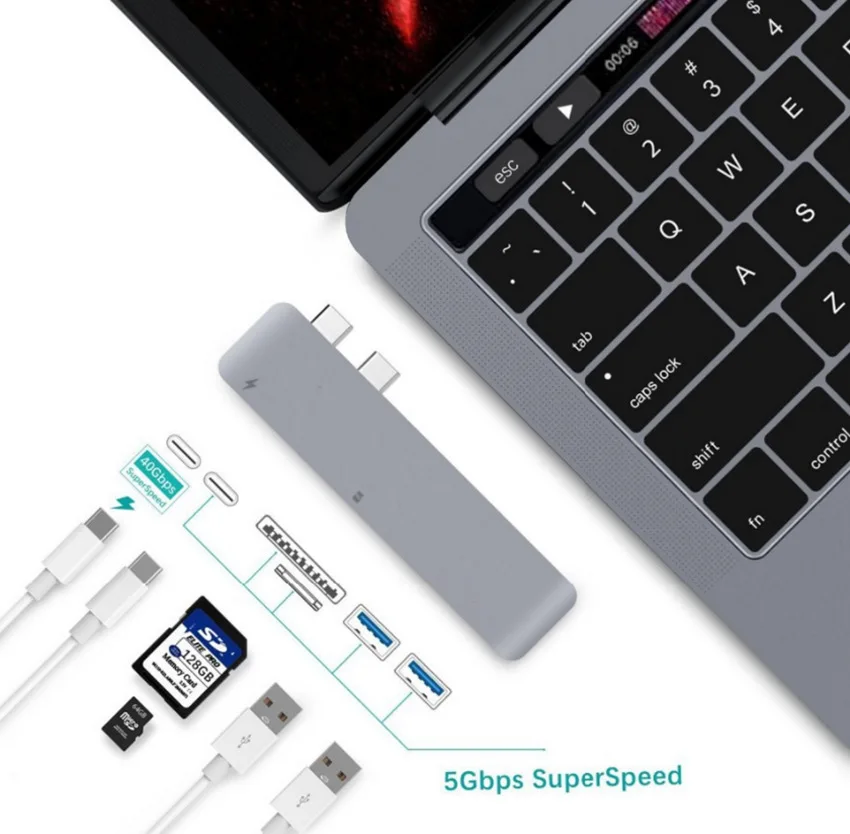 Алюминиевый двойной USB C концентратор TF/SD/Micro SD кард-ридер 2 USB 3,0 тип-c разветвитель адаптер быстрой зарядки порт для Macbook Pro 13 15