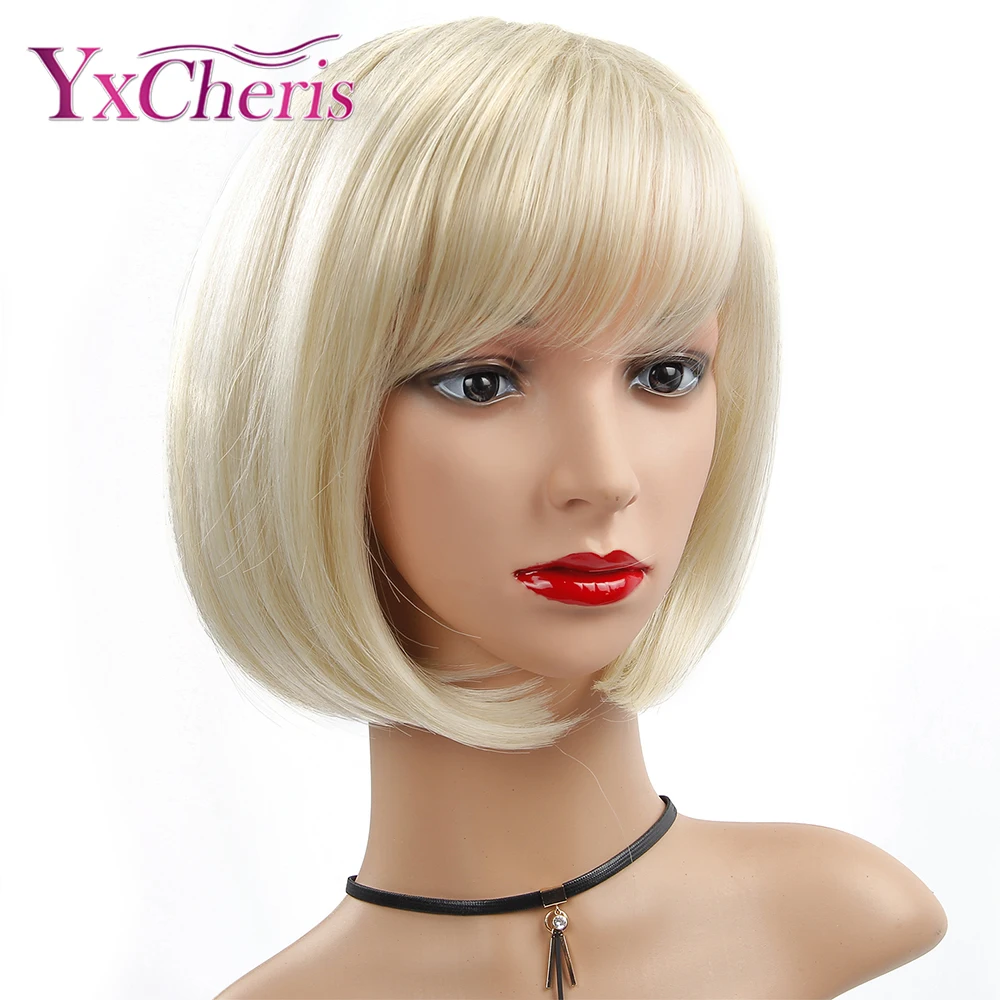 Peruca Sintética Reta Cabelo Bob Corte com Franja Resistente ao Calor Loira Capless Perucas Naturais de Cabelo para Mulheres Curtas para Mulheres