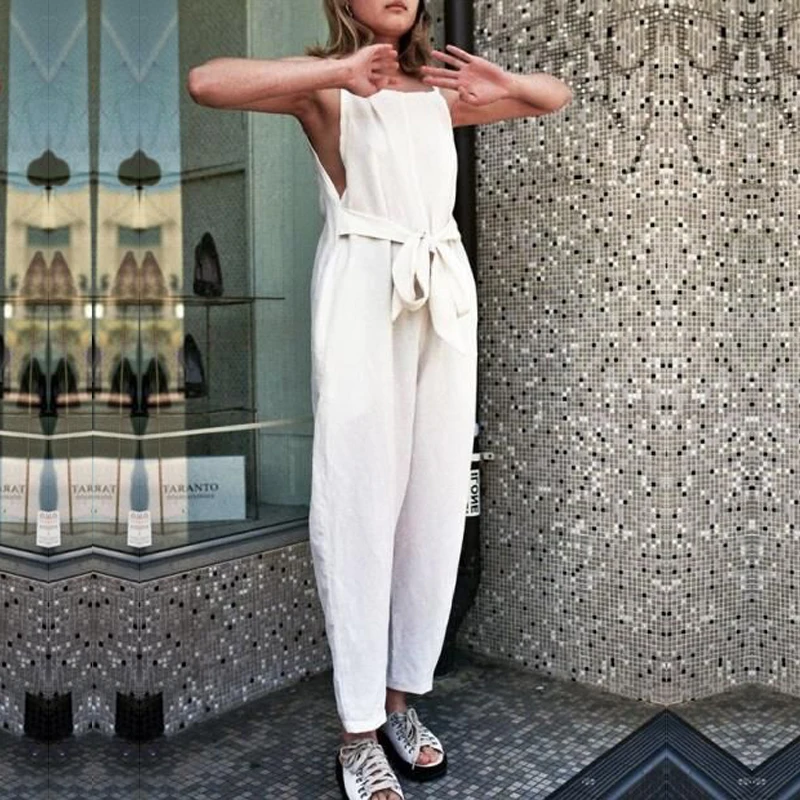 

Women Solid Jumpsuit 2019 Summer Trouser Office Work Harem Pants Sleeveless Lace Up Loose Rompers Elegant Casual Overalls Solid