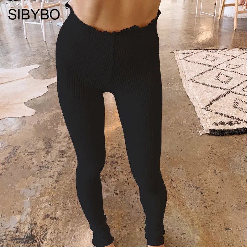 SIBYBO ребристые осенние брюки с высокой талией женские модные узкие брюки с эластичной талией однотонные повседневные женские брюки