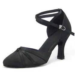 Для женщин для Бальных и латиноамериканских танцев обувь черный атлас Сальса Танго Вальс с закрытым острым носком Social танцевальные туфли