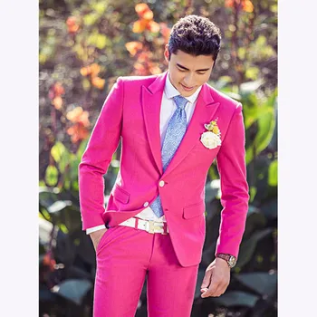 

Two Buttons Peaked Lapel Hot Pink suit Blazer Bespoke Wedding Suits For Men Groom Bestmen Formal mens suits Terno (Jacket+Pant)