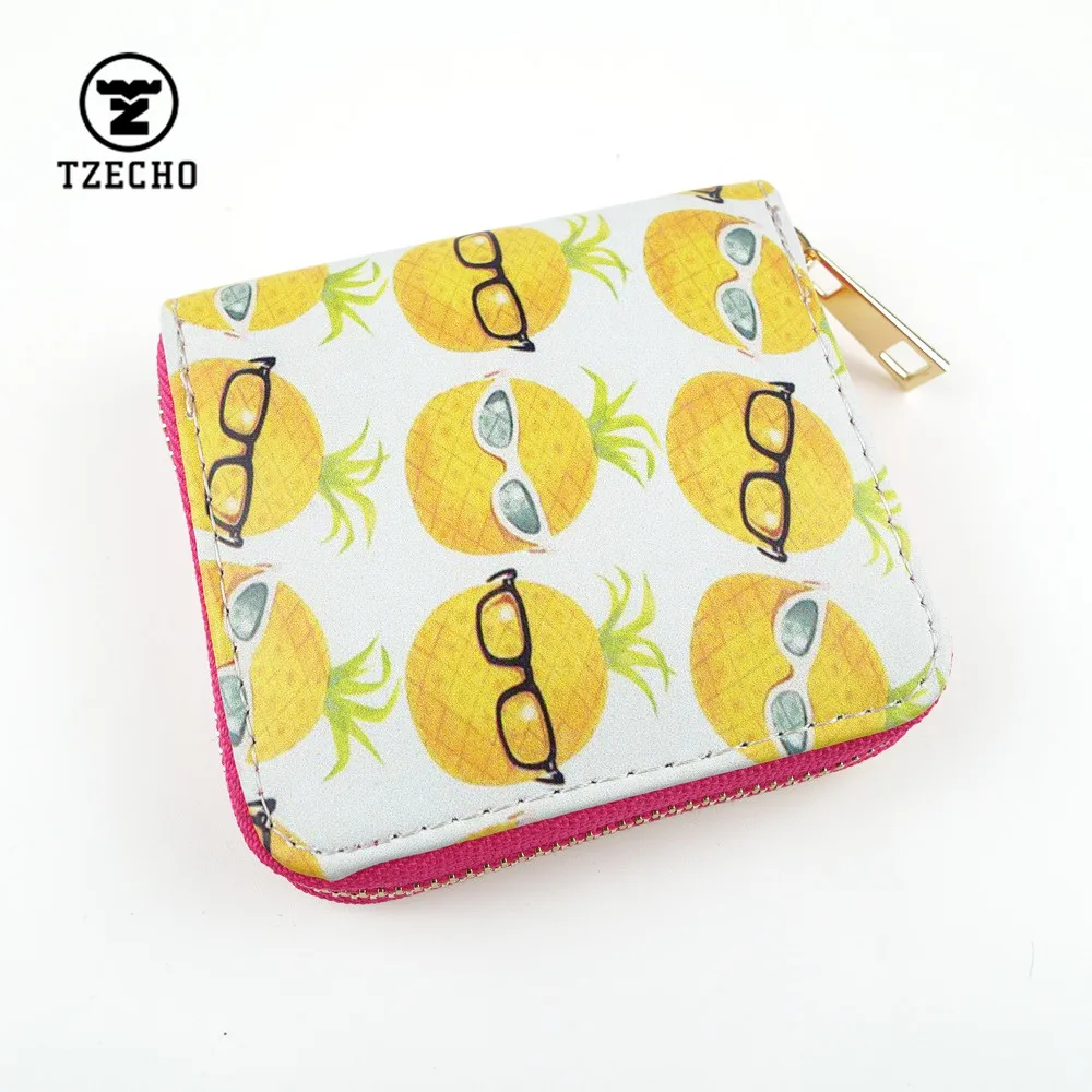 TZECHO Zipper Around Womens Wallets Leather Print Pineapple Girls Short