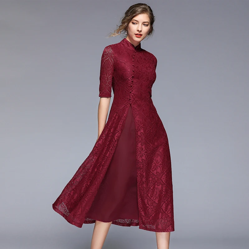 

Vintage Lace Long Dress 2019 Summer Autumn Mandarin Collar Elegant Slim Women Evening Party Dresses Cheongsam Style Vestidos