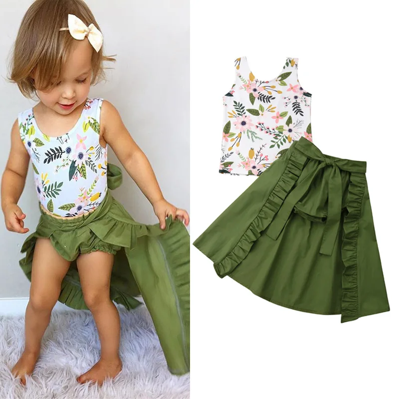 

Children Baby Clothing Sets Summer Sleeveless Vest+Skirts+Shorts 3 pcs Green Leafs Fashion Design outfits for Toddler Baby Cloth