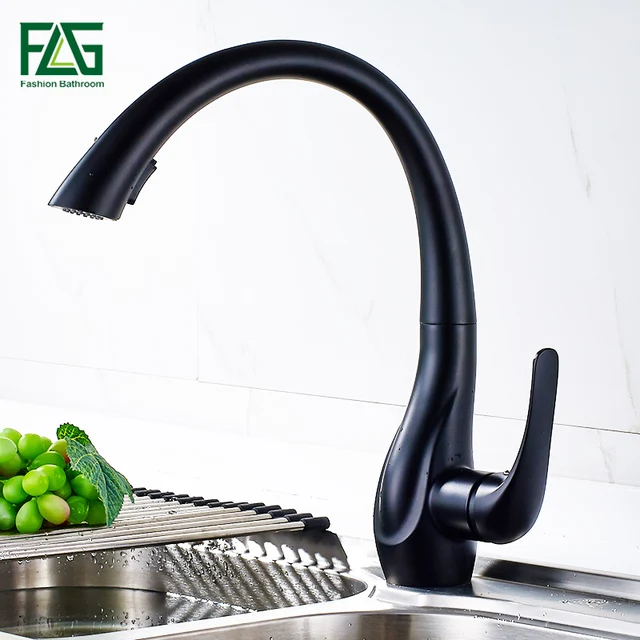 Best Offers FLG Kitchen Faucet Pull Out Kitchen Faucet Mixer Single Handle 360 Rotation Black Sink Mixer Tap 