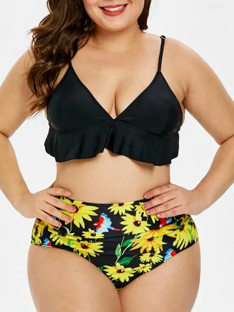 Комплект бикини с принтом подсолнуха Раффлед шорты с высокой талией плюс размеры для женщин летние пляжные maillot de bain 15 - Цвет: Бежевый
