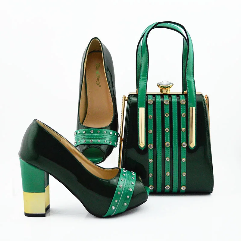 Комплект из женских туфель и сумочки, украшенных стразами; Итальянская обувь с сумочкой; комплект из свадебной обуви и сумочки в африканском стиле высокого качества - Цвет: D.green