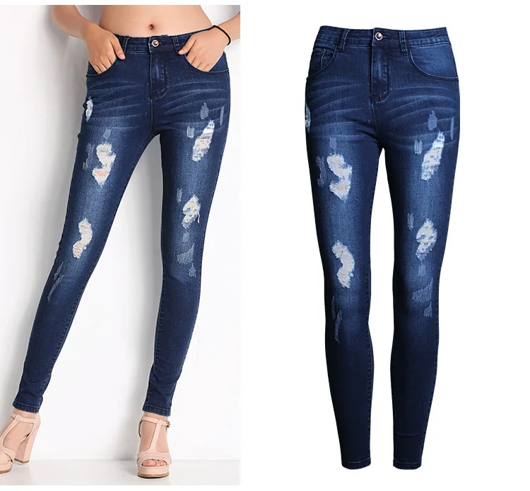 

Spring New 2016 jeans women Washed Slim Skinny Hole denim trousers Pencil Pants STRETCH JEANS Plus Size Ripped high quality