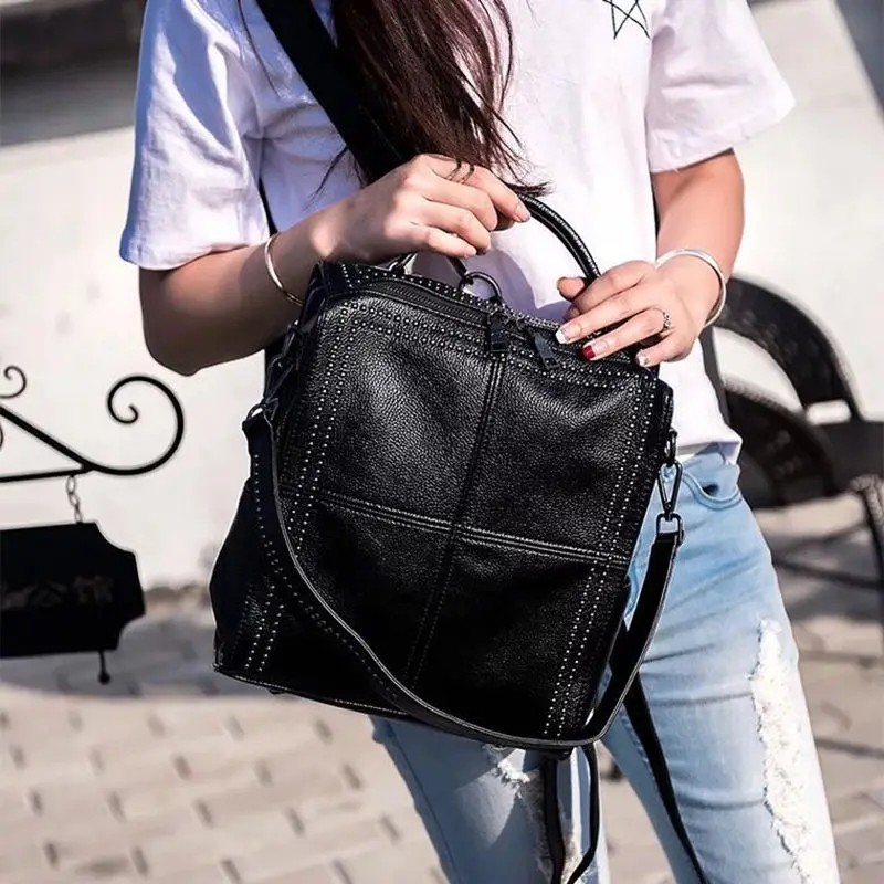 Стиль, простой рюкзак с заклепками, женские кожаные рюкзаки для подростков, школьные сумки, модные винтажные однотонные черные сумки на плечо