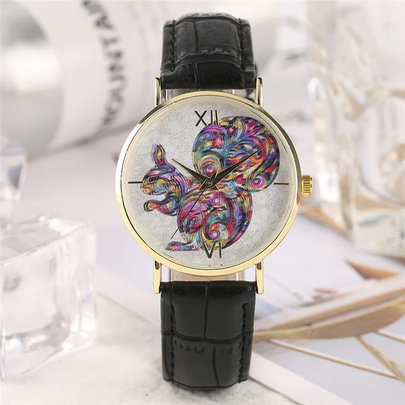 

Creative Colorful Squirrel Pattern Design Analog Quartz Wrist Watch Black Red Pink PU Leather Band Women Clock Bracelet Gift