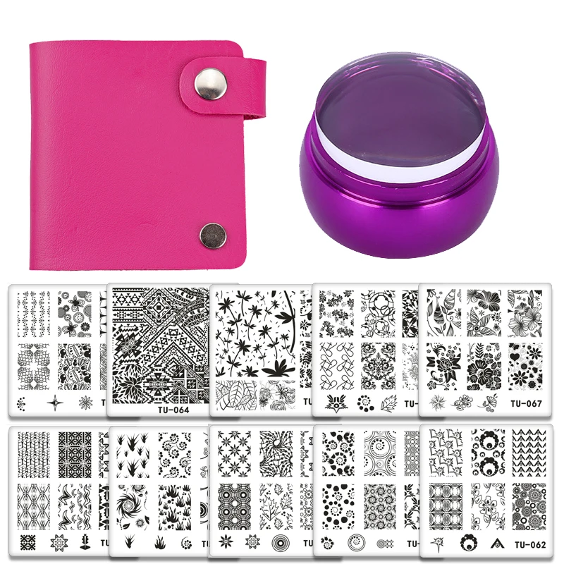 

10Pcs Nail Art Stamping Plates+1Clear Stamper+1Scraper Set Nail Stamp Plate Case Manicure Template Storage Bag Kits