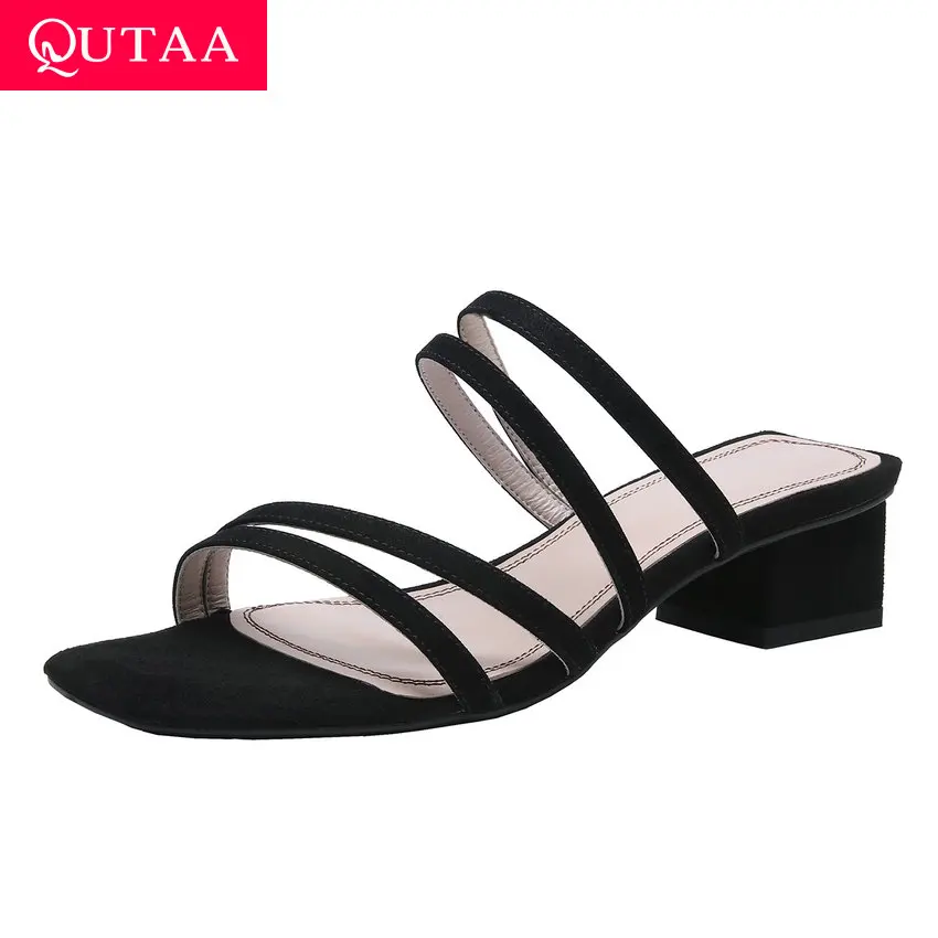 

QUTAA 2020 Square Open-toed Women Sandals Slip on Fashion Narrow Band Slingback Middle Heel Anti-skid Summer Shoes Size 34-39