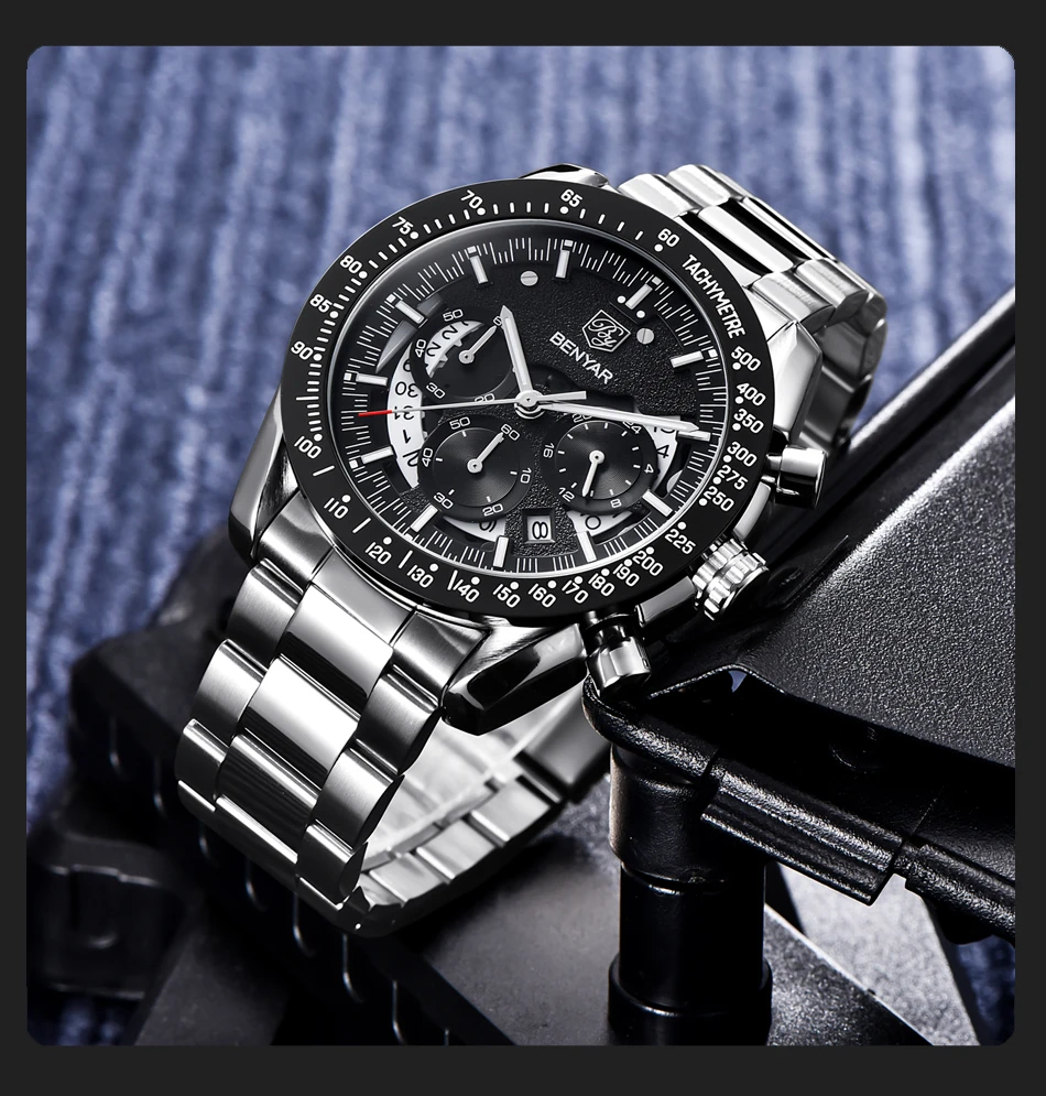 BENYAR Повседневная мода хронограф из нержавеющей стали часы комплект для мужчин высокого качества Бизнес Кварцевые наручные часы для мужчин Relogio Masculino