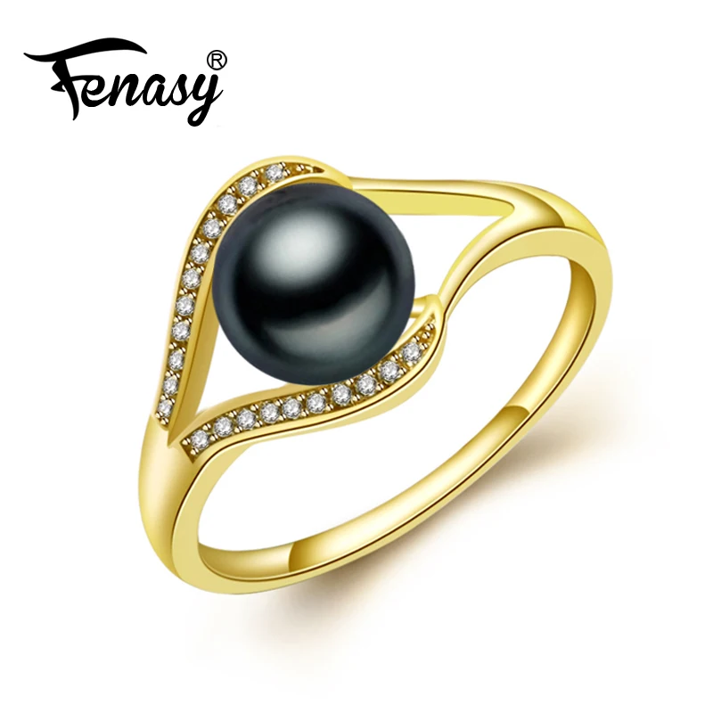 

FENASY Brand 14K Yellow Gold Natural Round Tahitian Pearl Rings For Women Bohemian Women Gold Rings Wedding Engagement Ring