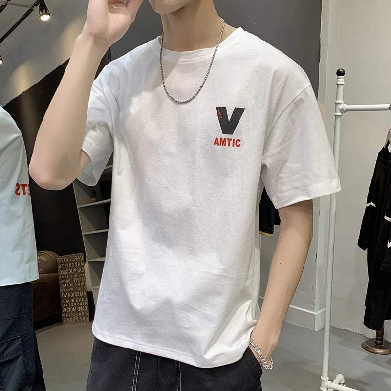 

2019 Men's New Spring and Summer Big V Letter Print Loose Short-sleeved T-shirt