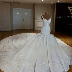 Винтаж бретельках v-образным вырезом длинный шлейф русалки Свадебные платья с аппликацией Арабская, Дубай невесты платье для Свадебный