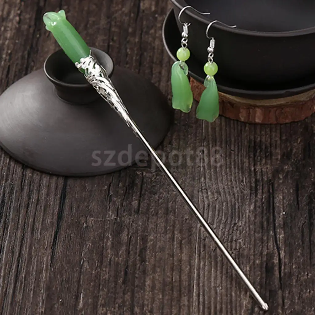 Chinese Traditional Hair Stick Hair Clips Hairpins And Earrrings Set Green