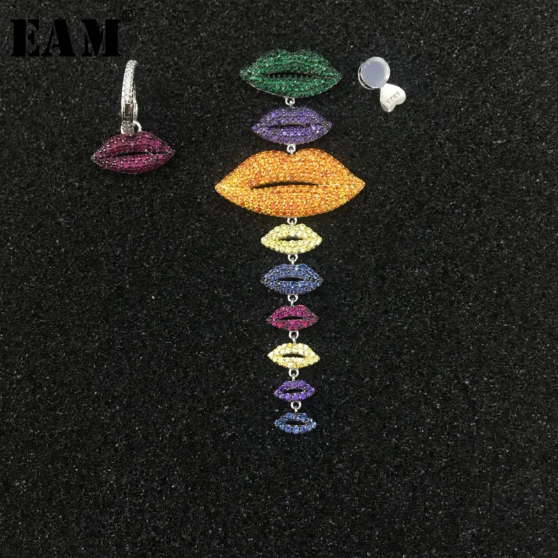 

WKOUD EAM Jewelry / 2019 Fashion 925 Silver Micro Inlaid Zircon Asymmetrical Multicolor Lip Earrings Women Accessories S#R1536