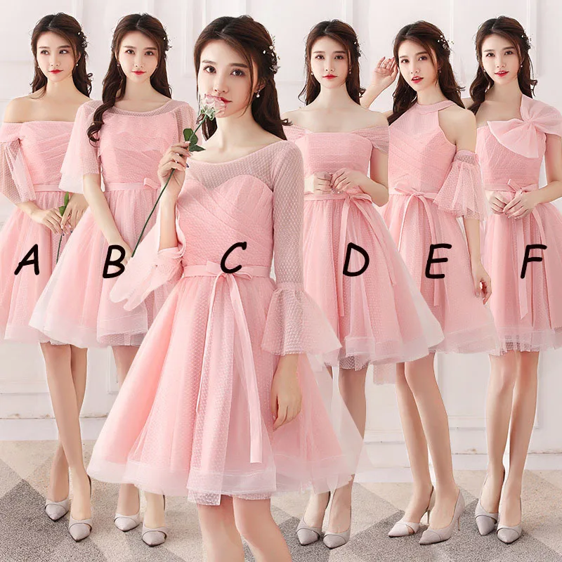 

Mingli Tengda Pink Boat Neck Bridesmaid Dresses Short 2018 Elegant Off the Shoulder Dresses for Wedding Party abito damigella