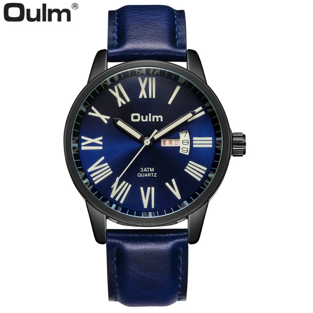 

2018 Top Brand Luxury Watch Men Blue Genuine Leather Strap Roman Number Calendar Quartz Wristwatch Waterproof OULM Fashion Clock