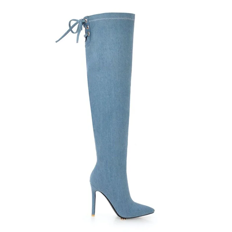 Longues Bottes blue Over À De Pointu Plus Ver Mince Zip Polaires Talons up Blue L'intérieur Femmes La Denim Light Hiver Mode Bout Taille genou Haute the Dentelle black Chaussures MSULqVpGz